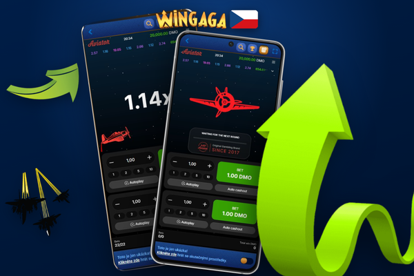Herní rozhraní Aviator od Spribe ve Wingaga Casino s tlačítky sázky a cashout