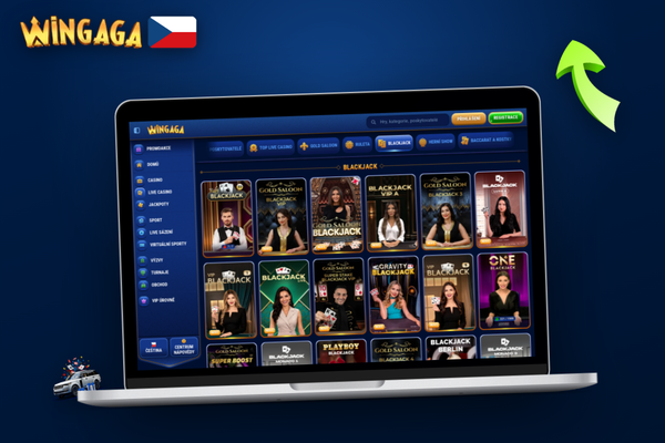 Obrazovka přihlášení Wingaga Casino na notebooku se zabezpečeným formulářem pro e-mail a heslo