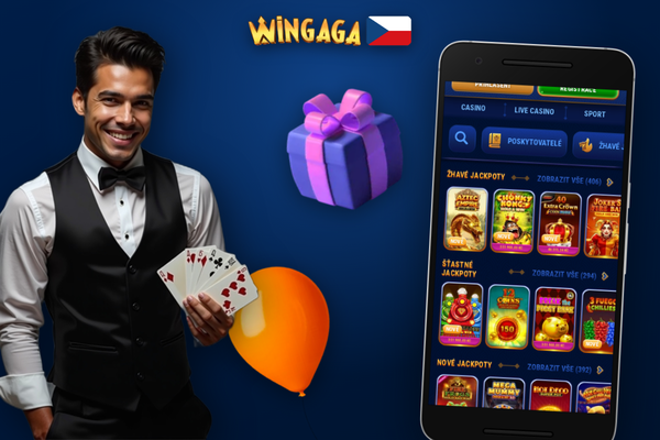 Válce slotu se svítícím nápisem Zdarma otočení 200 jako součást uvítacího balíčku Wingaga Casino