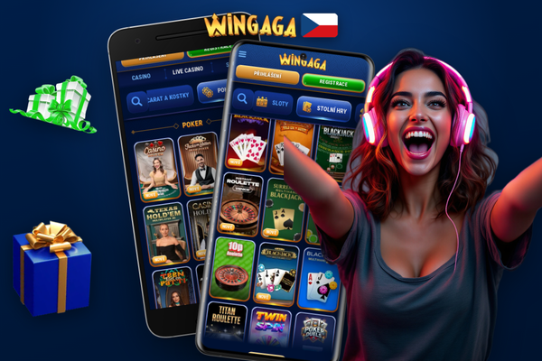 Ruka drží smartphone s mobilní verzí Wingaga Casino a tlačítkem přihlášení