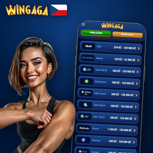 Wingaga Casino výběr výher přes mobilní pokladnu s ikonami Visa, Skrill a Bitcoinu