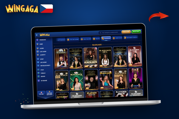 Wingaga Casino na počítači s přihlašovacím formulářem v tmavém rozhraní